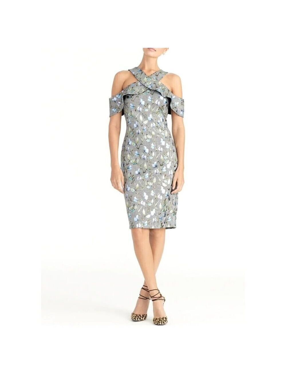 Rachel Roy Jolie Grey Metallic Floral Plaid Crossover Neckline Dress Size S NWOT